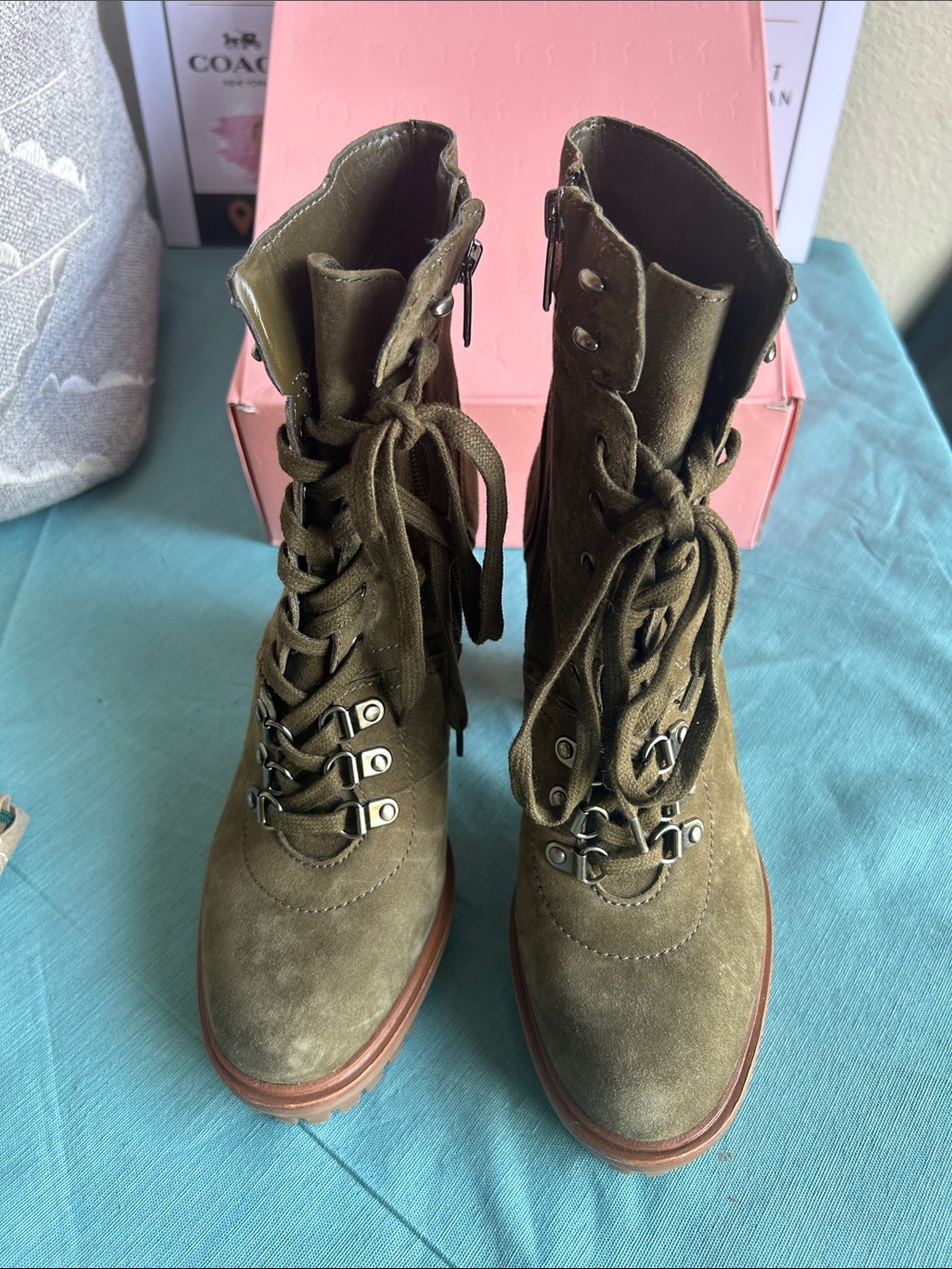 Vince Camuto Olive Green Suede Lace-Up Combat Boots